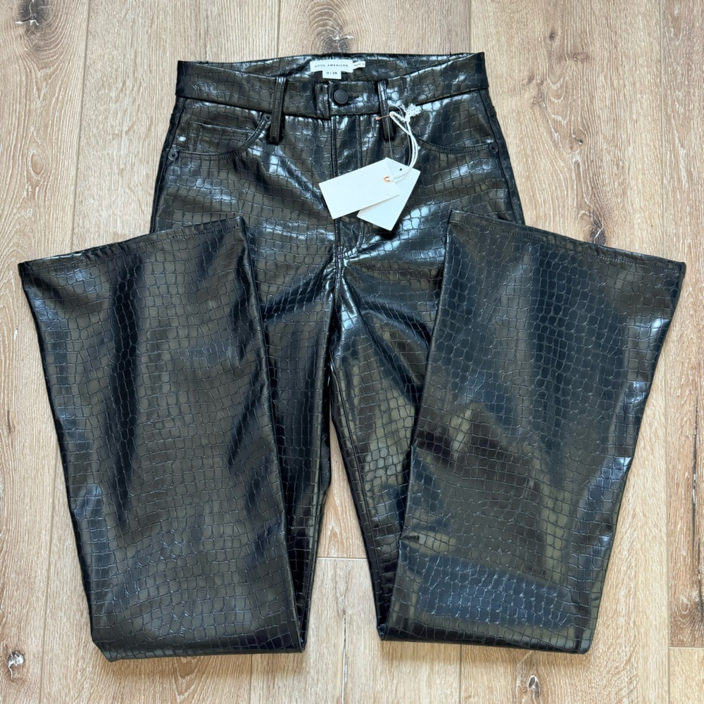 Good American Black Croc-Embossed Bootcut Pants